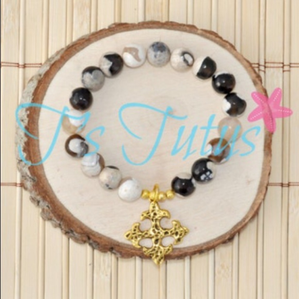 Black and Tan Cross Beaded Stretch Coffee and Cream Fire Agate Beads